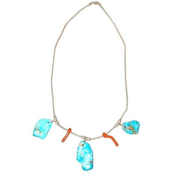 Vintage Sterling Silver Turquoise and Coral Beaded Necklace Stamped 18 in. Long - Picture 1 of 7